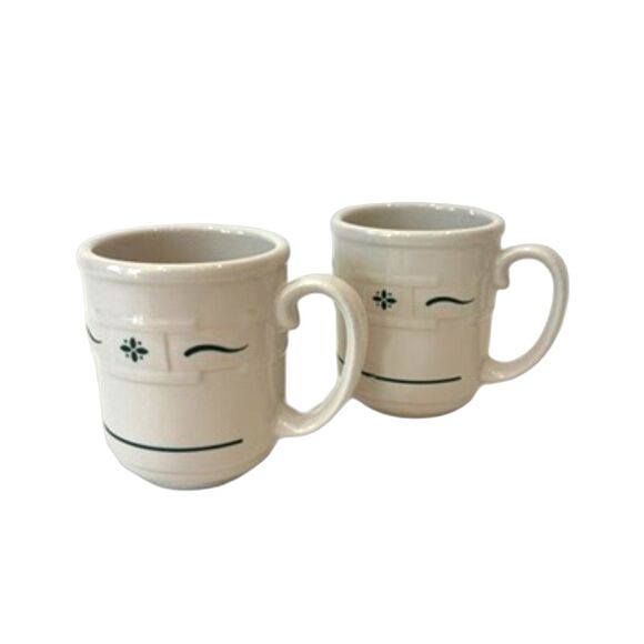 Longaberger Mugs Set of Two Beige Woven Traditions Green Heritage - Picture 1 of 6